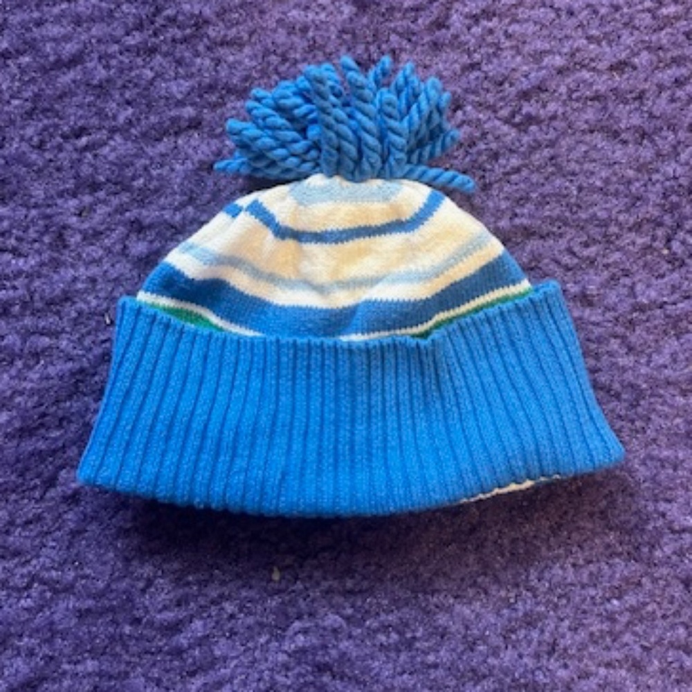 Gymboree New Born Baby blue striped hat with pom pom